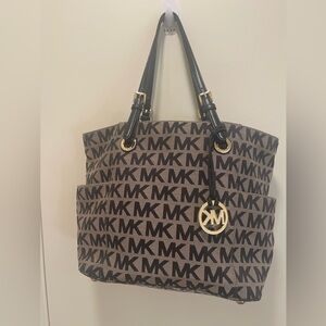 Michael Kors Brown MK Logo Tote with Black Handles and Gold Hardware